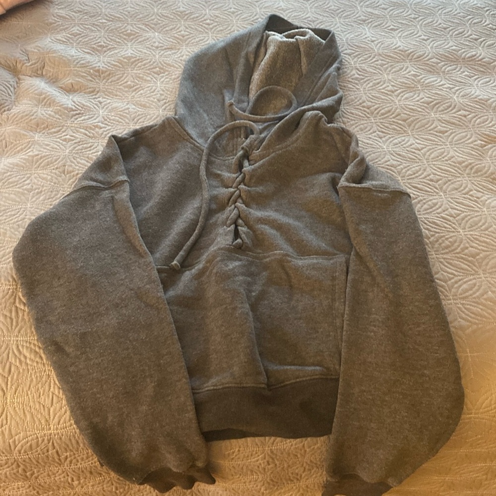 Free People Movement Grey Hooded Sweatshirt with Tie Front